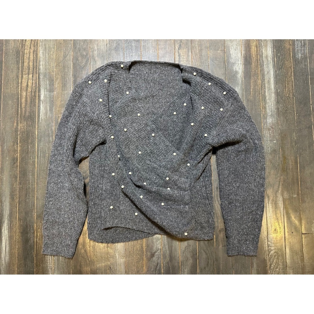 Women Charcoal Gray Pearl Embellished Faux Wrap V-Neck‎ Knit Sweater XL